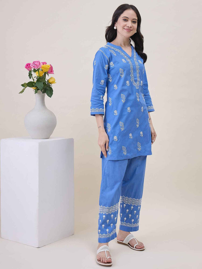 Blue Cotton Chikankari Short Kurta with Pants Set for Women