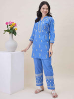 Load image into Gallery viewer, Blue Cotton Chikankari Short Kurta with Pants Set for Women