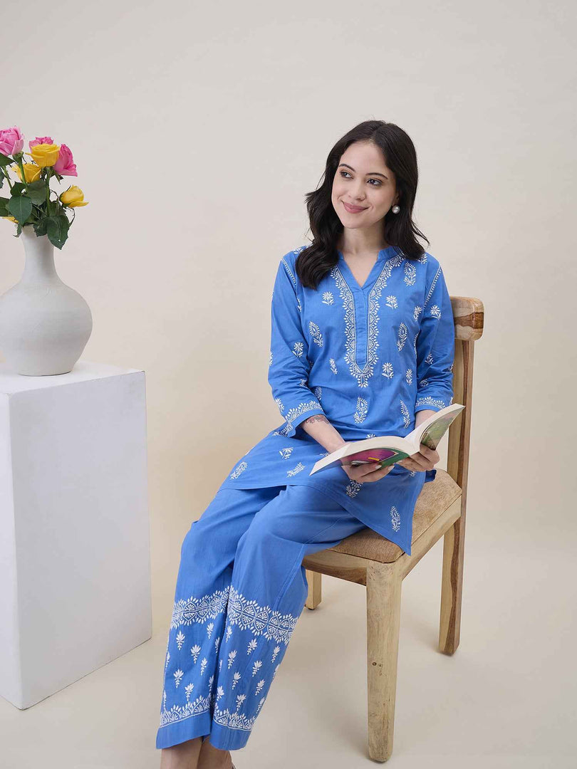 Blue Cotton Chikankari Short Kurta with Pants Set for Women