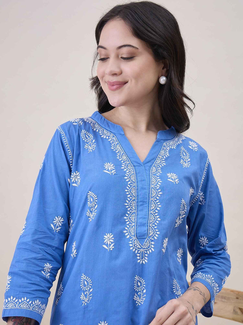 Blue Cotton Chikankari Short Kurta with Pants Set for Women