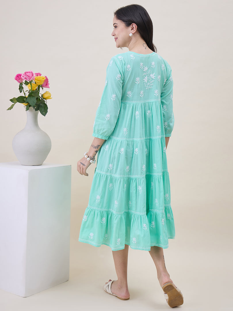 Sea green chikankari Embroidered cotton Dress