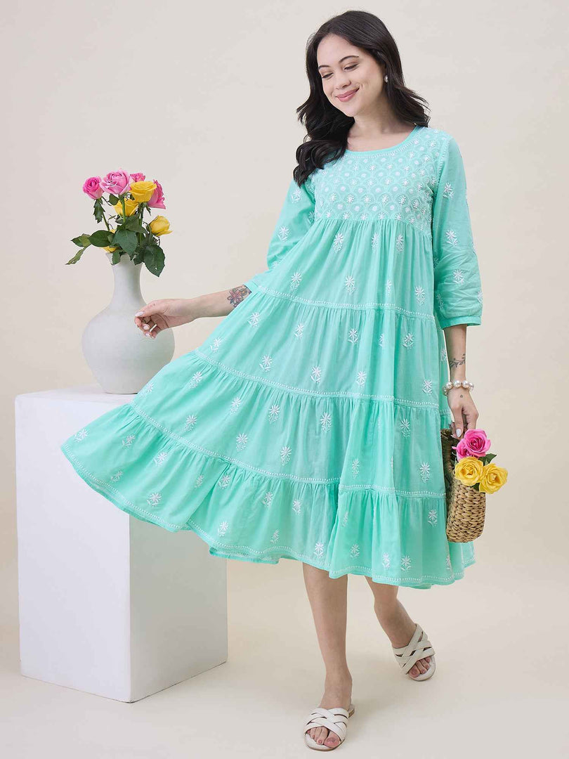 Sea green chikankari Embroidered cotton Dress