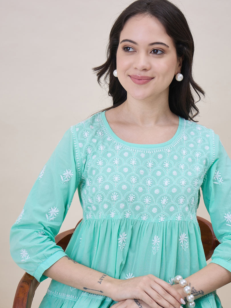 Sea green chikankari Embroidered cotton Dress