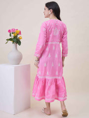 Pink Cotton Chikankari Flared Dress for Women | V-Neck Ethnic Dress