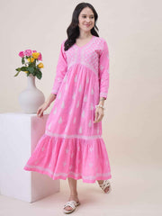 Pink Cotton Chikankari Flared Dress for Women | V-Neck Ethnic Dress