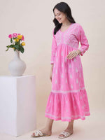 Load image into Gallery viewer, Pink Cotton Chikankari Flared Dress for Women | V-Neck Ethnic Dress