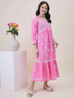Load image into Gallery viewer, Pink Cotton Chikankari Flared Dress for Women | V-Neck Ethnic Dress