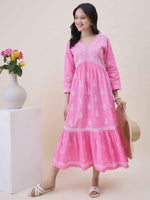 Load image into Gallery viewer, Pink Cotton Chikankari Flared Dress for Women | V-Neck Ethnic Dress