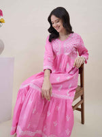 Load image into Gallery viewer, Pink Cotton Chikankari Flared Dress for Women | V-Neck Ethnic Dress