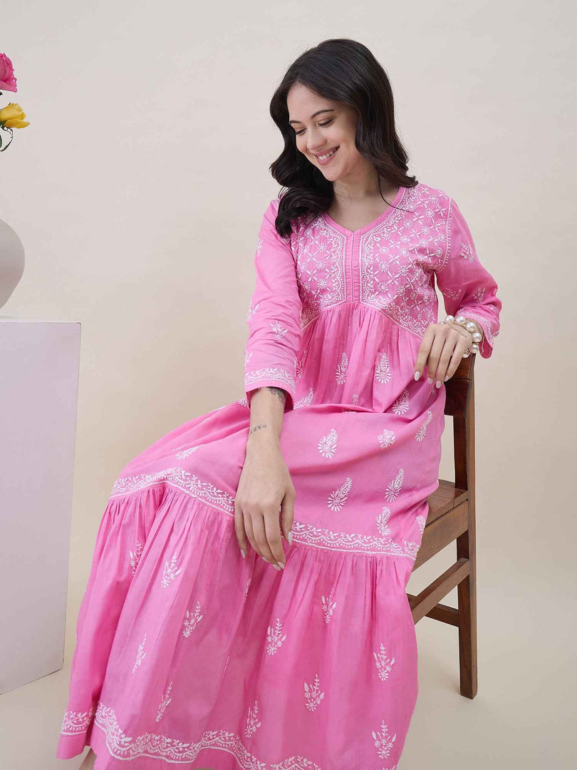 Pink Cotton Chikankari Flared Dress for Women | V-Neck Ethnic Dress