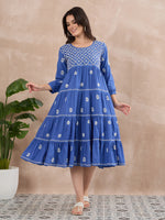 Load image into Gallery viewer, Blue Chikankari Tiered Dress for Elegant Style and Comfort