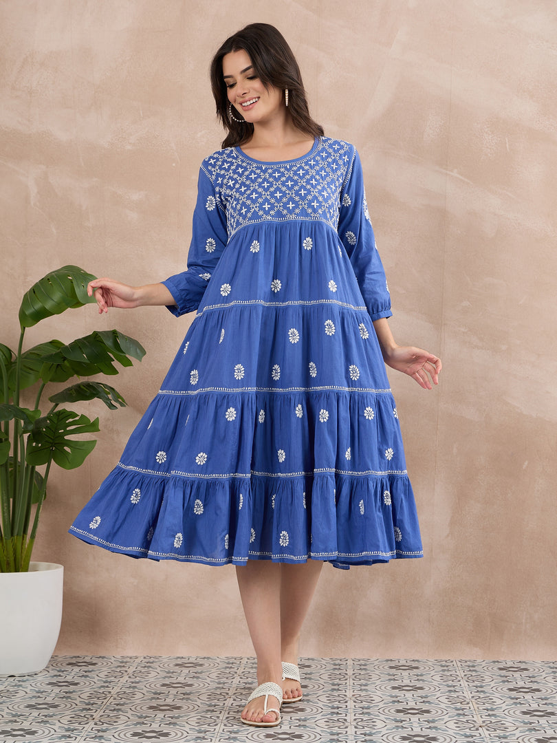 Blue Chikankari Tiered Dress for Elegant Style and Comfort