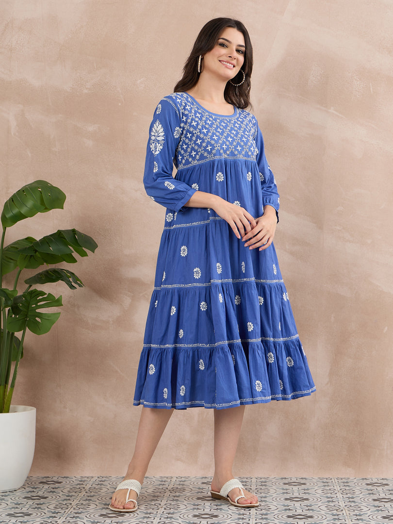 Blue Chikankari Tiered Dress for Elegant Style and Comfort