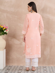Peach Kota Chikankari Kurta with Cotton Slip