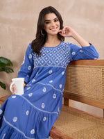 Load image into Gallery viewer, Blue Chikankari Tiered Dress for Elegant Style and Comfort
