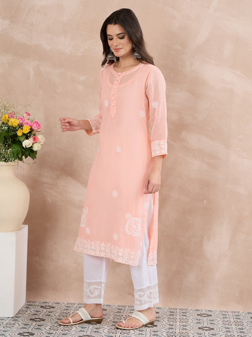 Peach Kota Chikankari Kurta with Cotton Slip