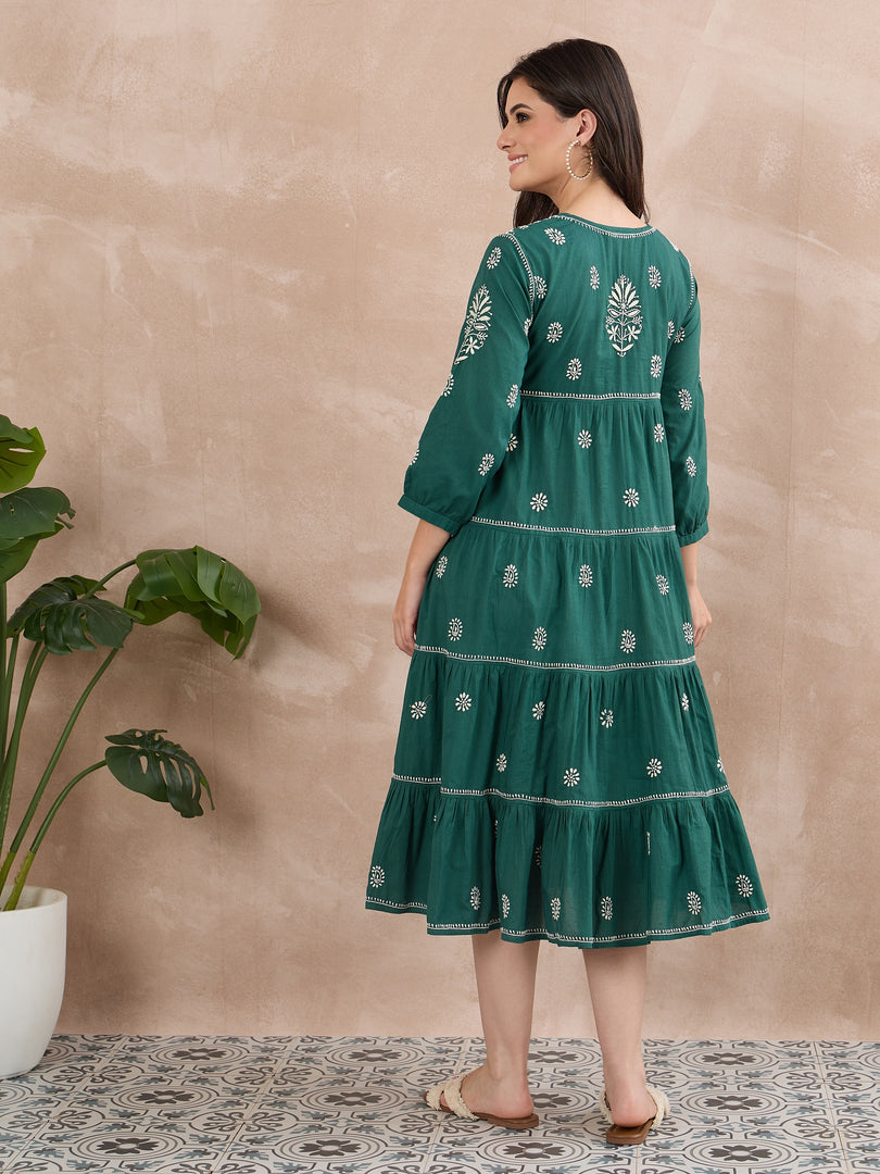Dark Teal Green Chikankari Dress with Tiers - Cotton Round Neck Style