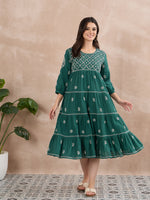 Load image into Gallery viewer, Dark Teal Green Chikankari Dress with Tiers - Cotton Round Neck Style