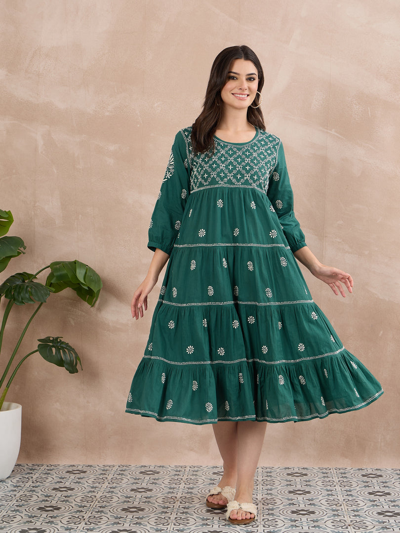 Dark Teal Green Chikankari Dress with Tiers - Cotton Round Neck Style
