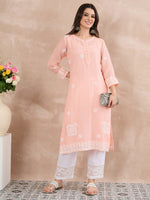Load image into Gallery viewer, Peach Kota Chikankari Kurta with Cotton Slip