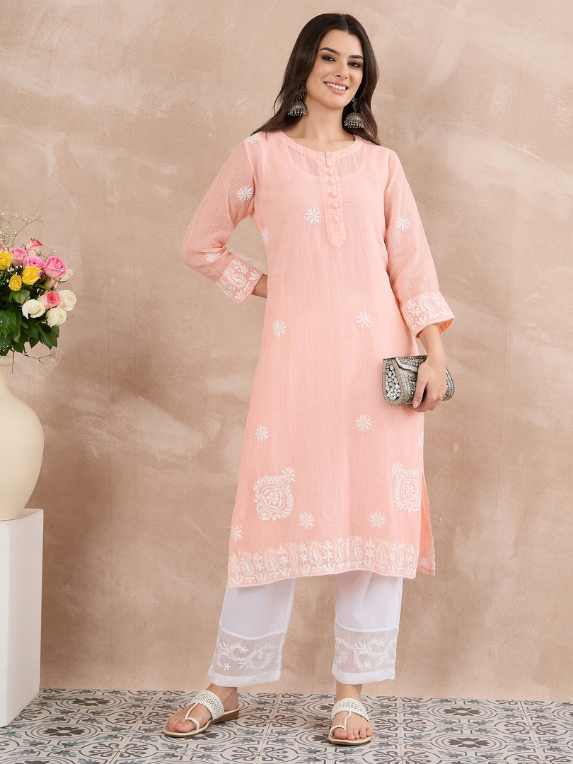 Peach Kota Chikankari Kurta with Cotton Slip