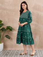 Load image into Gallery viewer, Dark Teal Green Chikankari Dress with Tiers - Cotton Round Neck Style