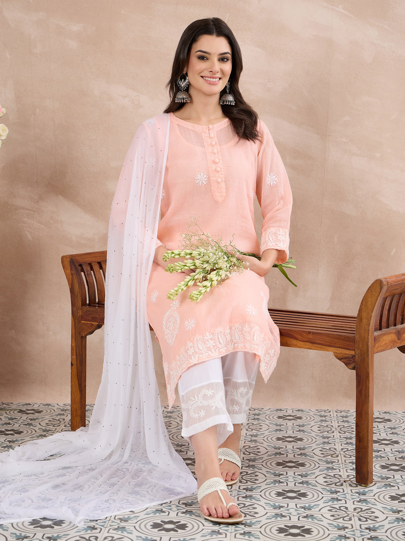Peach Kota Chikankari Kurta with Cotton Slip