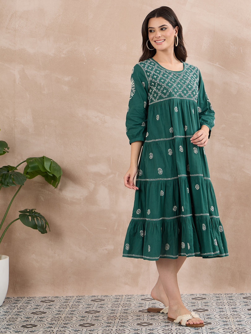 Dark Teal Green Chikankari Dress with Tiers - Cotton Round Neck Style