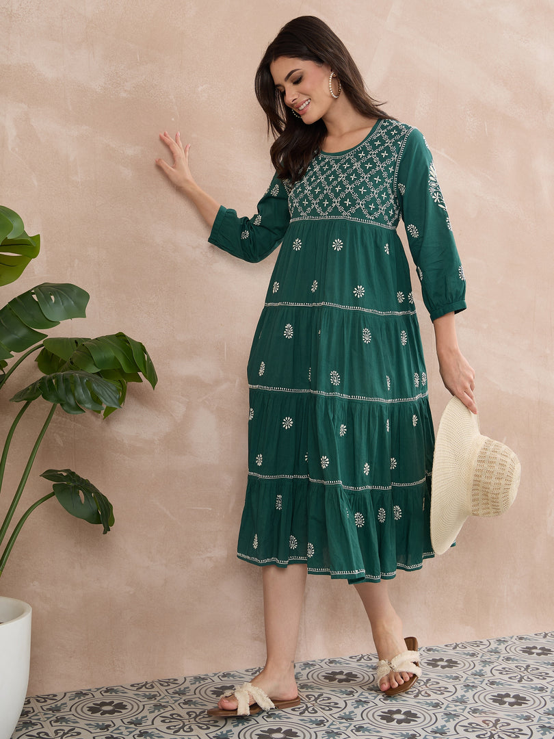 Dark Teal Green Chikankari Dress with Tiers - Cotton Round Neck Style