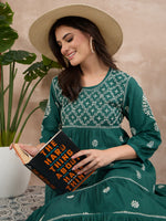 Load image into Gallery viewer, Dark Teal Green Chikankari Dress with Tiers - Cotton Round Neck Style