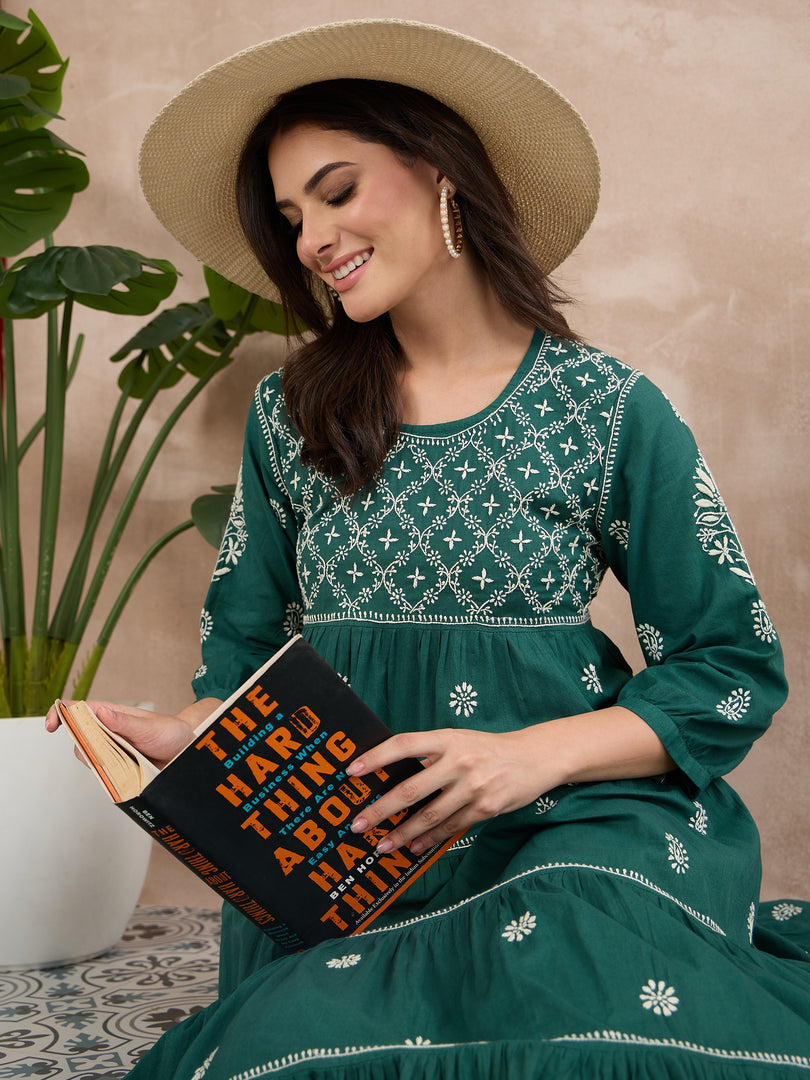 Dark Teal Green Chikankari Dress with Tiers - Cotton Round Neck Style