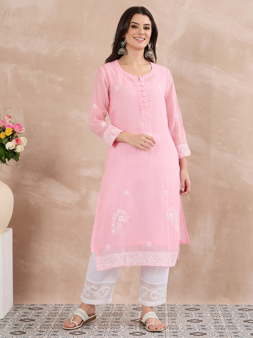 Light Pink Cotton Kota Chikankari Kurta