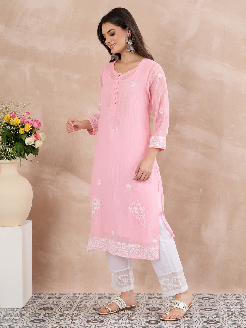 Light Pink Cotton Kota Chikankari Kurta