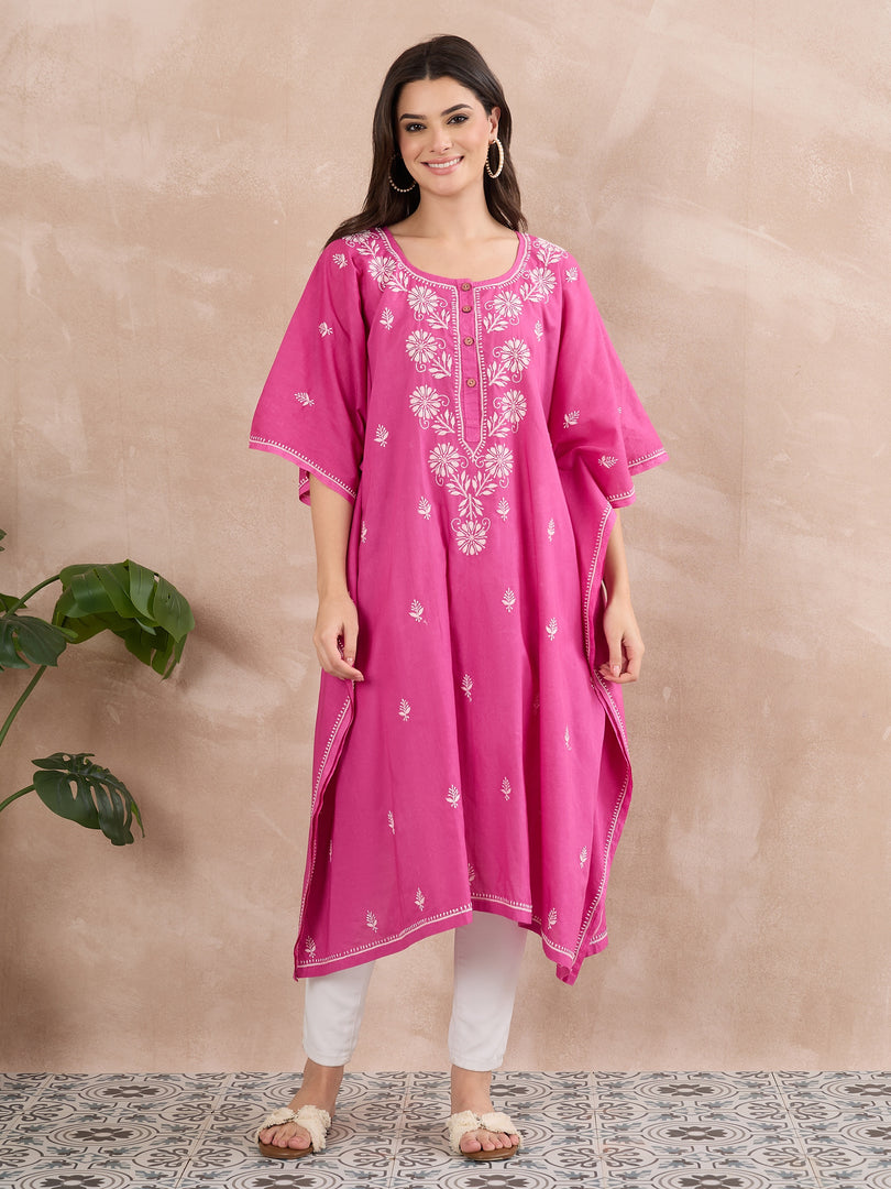 Handcrafted Pink Chikankari Cotton Kaftan for Women