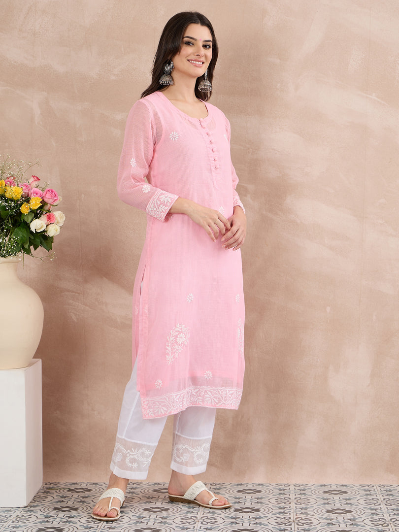 Light Pink Cotton Kota Chikankari Kurta