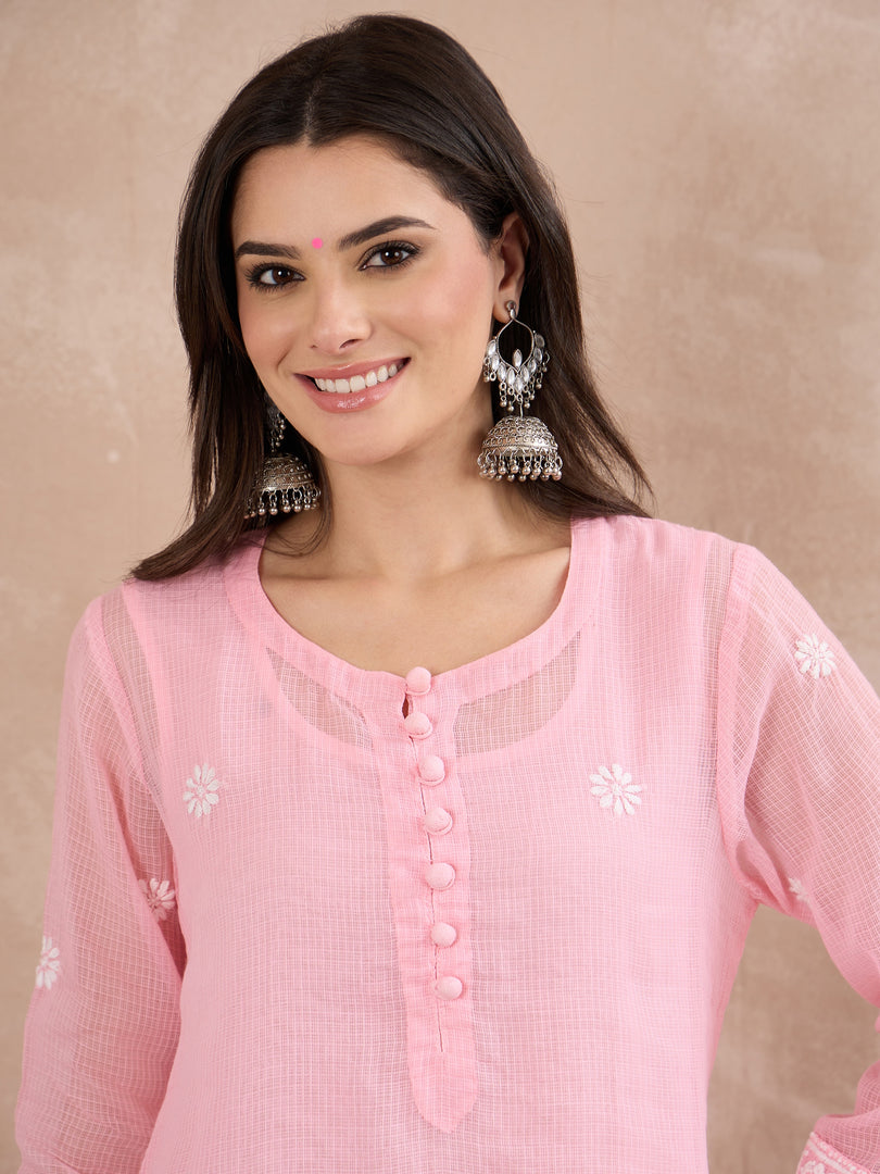 Light Pink Cotton Kota Chikankari Kurta