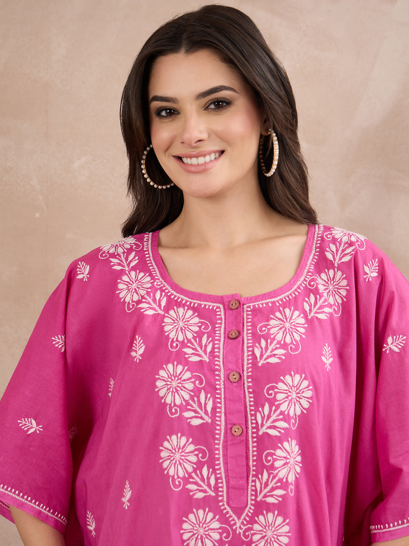 Handcrafted Pink Chikankari Cotton Kaftan for Women