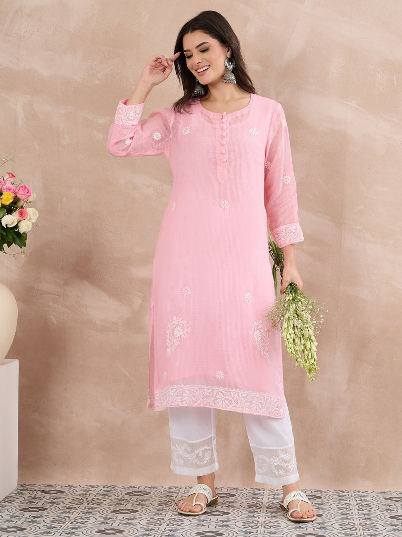 Light Pink Cotton Kota Chikankari Kurta