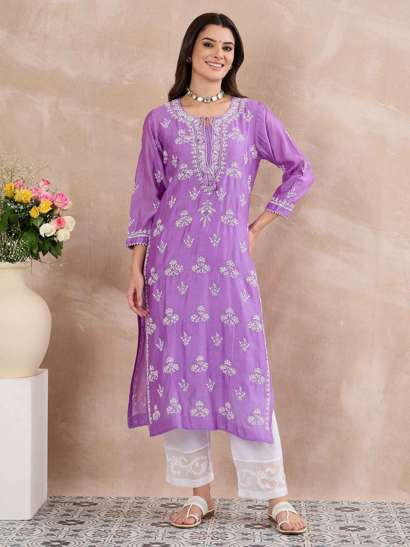 Mauve Chanderi Chikankari Kurta with Silk Organza Dupatta