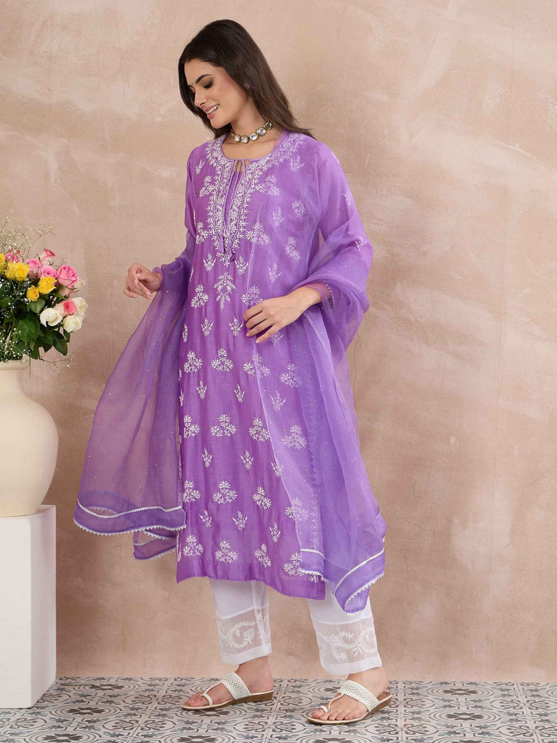 Mauve Chanderi Chikankari Kurta with Silk Organza Dupatta