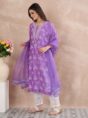 Mauve Chanderi Chikankari Kurta with Silk Organza Dupatta