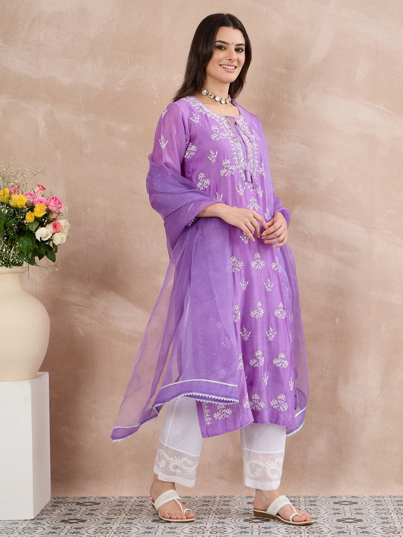 Mauve Chanderi Chikankari Kurta with Silk Organza Dupatta