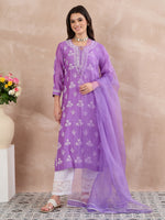 Load image into Gallery viewer, Mauve Chanderi Chikankari Kurta with Silk Organza Dupatta