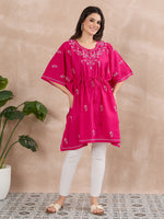 Load image into Gallery viewer, Handcrafted Cotton Chikankari Short Kaftan in Fuchsia Pink