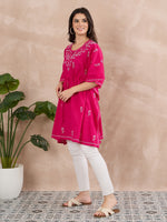 Load image into Gallery viewer, Handcrafted Cotton Chikankari Short Kaftan in Fuchsia Pink
