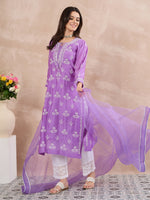 Load image into Gallery viewer, Mauve Chanderi Chikankari Kurta with Silk Organza Dupatta