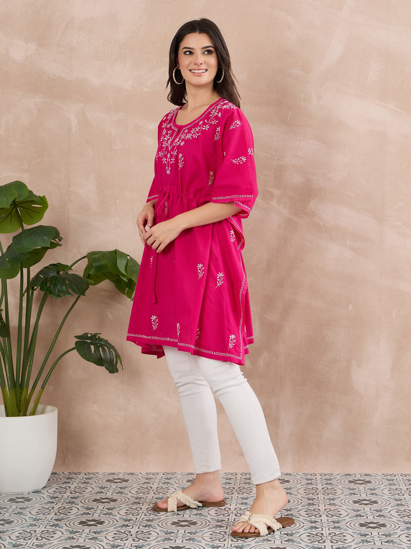 Handcrafted Cotton Chikankari Short Kaftan in Fuchsia Pink