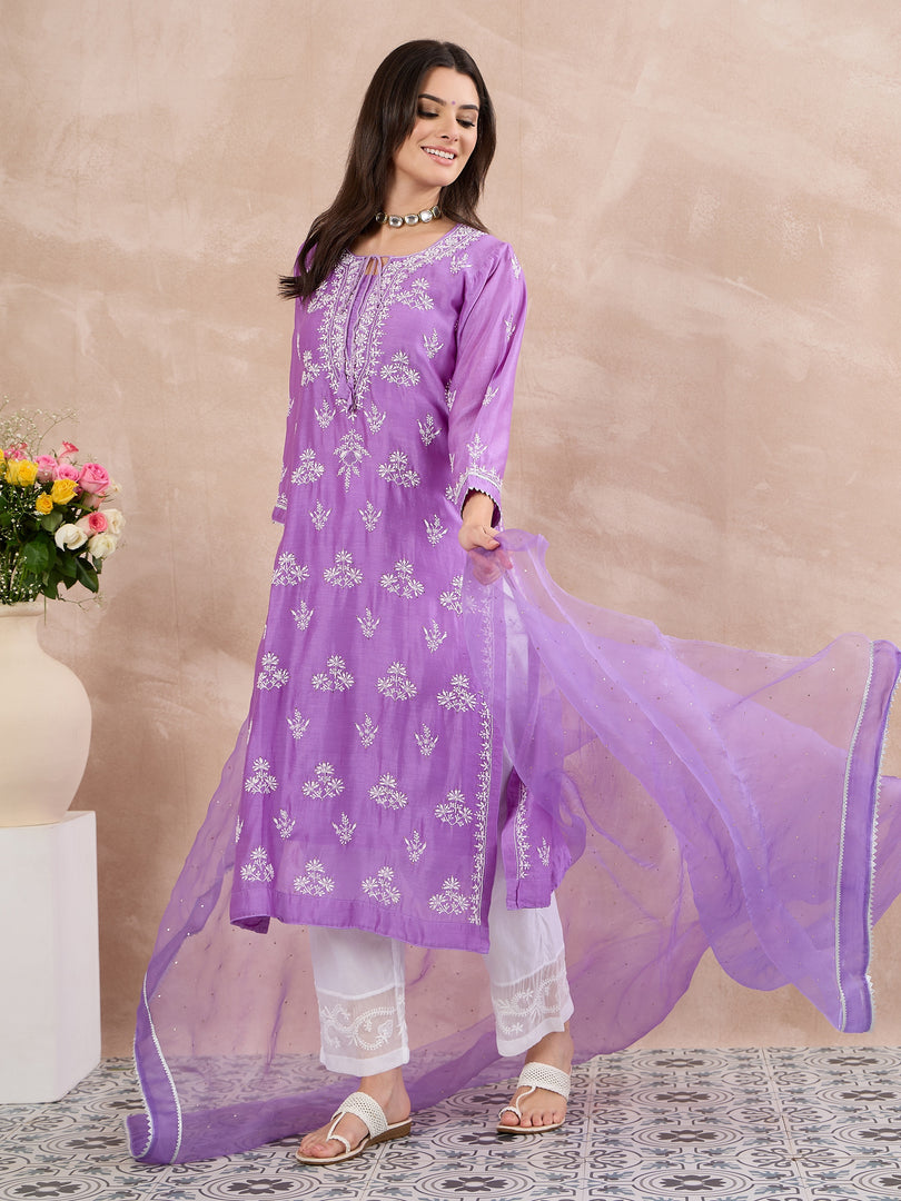 Mauve Chanderi Chikankari Kurta with Silk Organza Dupatta