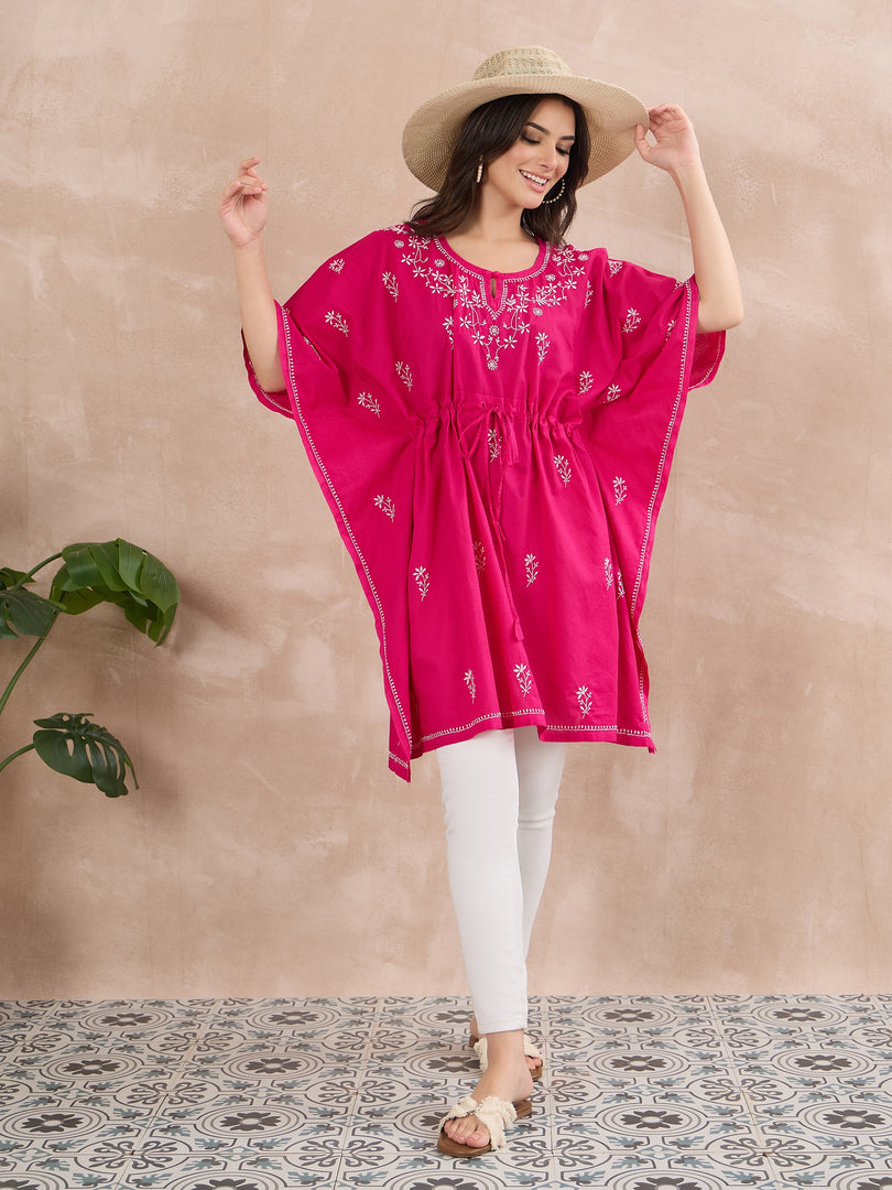 Handcrafted Cotton Chikankari Short Kaftan in Fuchsia Pink