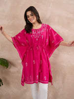 Load image into Gallery viewer, Handcrafted Cotton Chikankari Short Kaftan in Fuchsia Pink